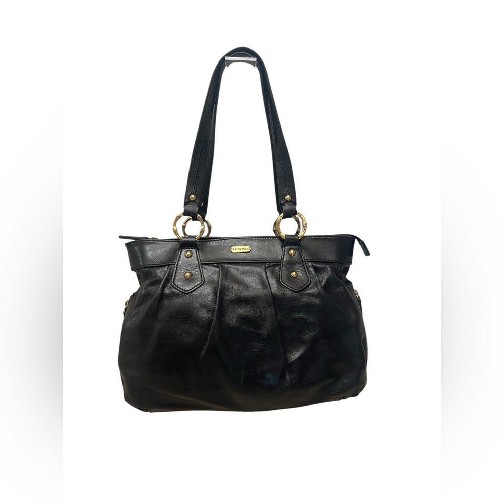 Perlina Vintage Black Leather Goldtone Hardware Zip Double Strap Shoulder Purse